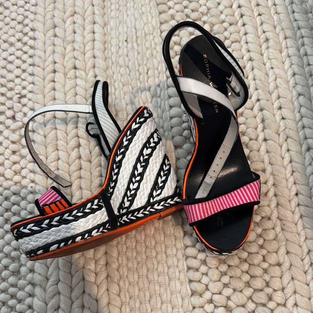 Sophia Webster Woven Black and White Wedges with Pink Straps